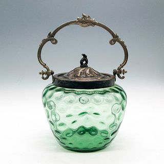 Vintage Green Glass Biscuit Jar with Metal Lid
