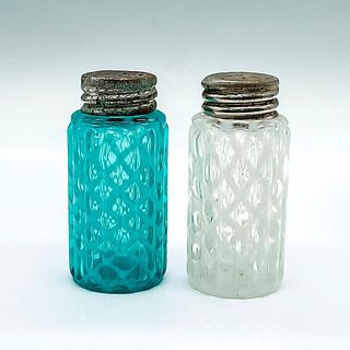 Pair of Northwood Carnival Glass Ribbed Opal Lattice Shakers
