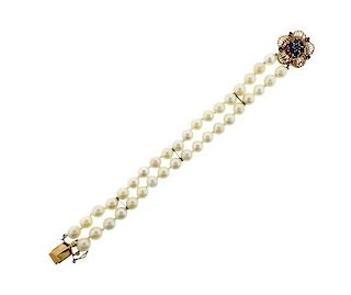 14k Gold Sapphire Double Strand Pearl Bracelet