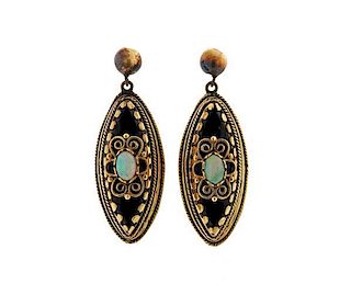 Antique 14k Gold Opal Onyx Dangle Earrings