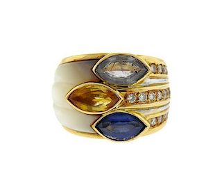 18K Gold Diamond Sapphires MOP Band Ring