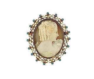 Antique 18k Gold Cameo Turquoise Brooch