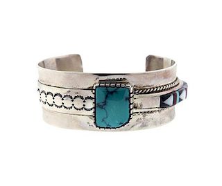 Native American Chavez Navajo Sterling Turquoise Coral Bracelet
