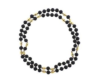 14k Gold Onyx Bead Long Necklace