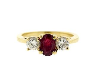 14k Gold Red Stone Diamond Ring