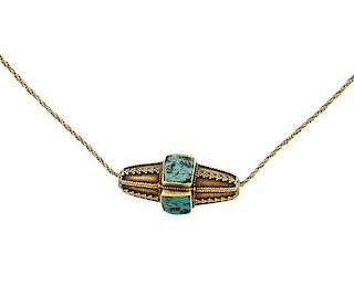 Antique 18K Gold Turquoise Slide Pendant Necklace