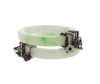 18k Gold Jade Ruby Diamond Bangle Bracelet Set