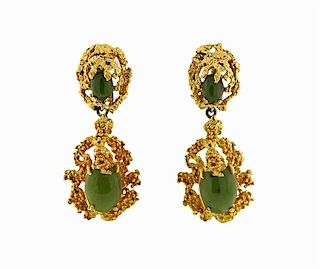 14K Gold Green Stone Free Form Dangle Earrings
