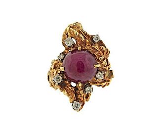 1970s Free Form 14k Gold Diamond Ruby Ring