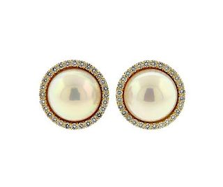 Large 18K Gold Diamond Pearl Earrings
