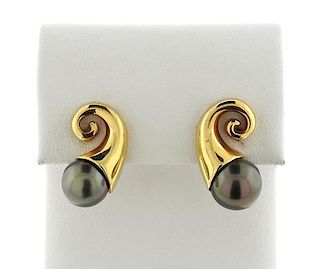 18K Gold Black Pearl Swirl Earrings
