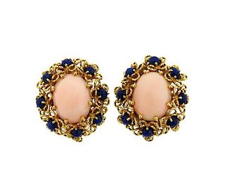 Italian 18K Gold Angel Skin Coral Lapis Earrings