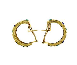 1970s 18K Gold Pearl Turquoise Lapis Hoop Earrings