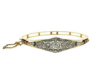 Art Deco 14K Gold Diamond Sapphire Bangle Bracelet