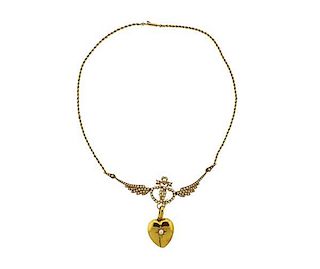 Antique Victorian 15K Gold Pearl Heart Locket Pendant Necklace