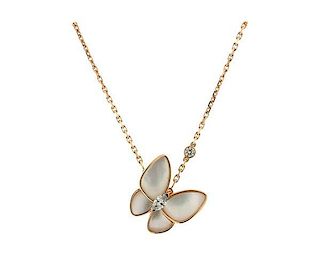 Van Cleef &amp; Arpels 18K Gold MOP Diamond Butterfly Pendant Necklace