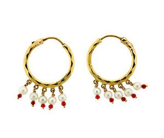 22K Gold Pearl Red Stone Hoop Earrings
