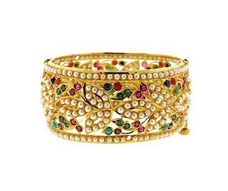 22K Gold Pearl Multi Color Stone Bangle Barcelet