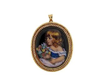 Antique 18K Gold Porcelain Miniature Oval Pendant