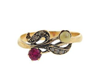Antique 18K Gold Red Stone Pearl Ring