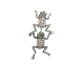 14K Gold Diamond Green Stone Frog Pendant Brooch