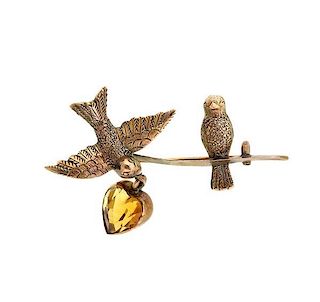 Antique Victorian 9K Gold Orange Stone Bird Brooch