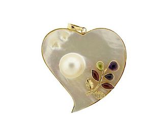 14K Gold Pearl Color Stone MOP Heart Enhancer Pendant