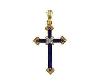 Faberge 18K Gold Diamond Ruby Enamel Cross Pendant