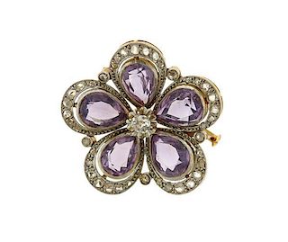 Antique 18k Gold Diamond Purple Stone Brooch Pin