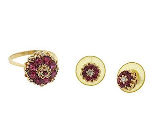 14K Gold Diamond Ruby Ring Earrings Set