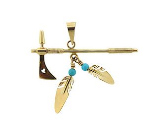 Native American Tracey 14k Gold Turquoise Axe Feather Pendant