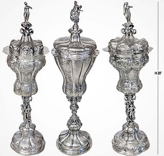 Set Of Three Large German Silver (8,084g) Lidded Pokal Cups Figural Repousse