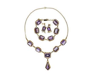 Antique 14K Gold Amethyst Necklace Bracelet Earrings Suite