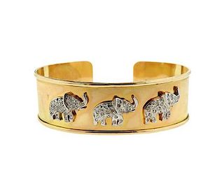 14K Gold Diamond Elephant Wide Cuff Bracelet
