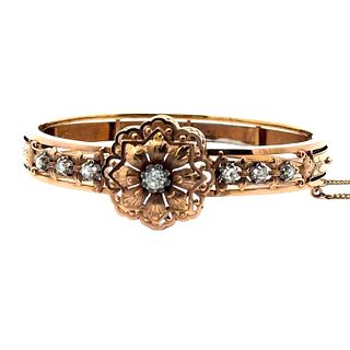 Antique French Hallmarked 18k Gold Cuff Bracelet with Diamonds