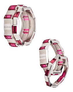 Gucci Milano Stackable Links To Love Duo Rings In 18Kt Gold & Tourmalines