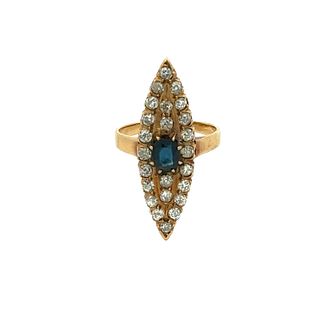 Antique 18k gold Navette Ring with Diamonds & Sapphire