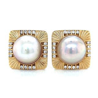 14K Yellow Gold Mabe Pearl & Diamond Earrings