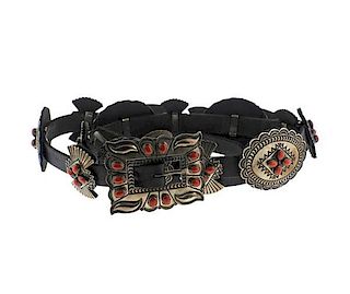 A. Cadman Navajo Native American Sterling Coral Leather Belt