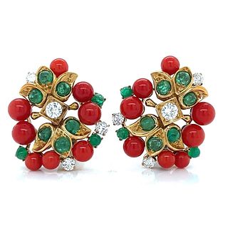 18K Yellow Gold Italian Coral, Diamond, and Emerald Earrings