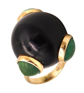 Italian Spatialism Retro Ring In 14Kt Gold With Onyx & Turquoises