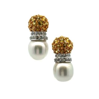 18k Gold Earrings with Diamonds, Sapphires and Pearls