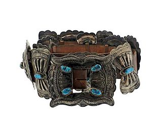 Carson Blackgoat Navajo Sterling Turquoise Leather Belt