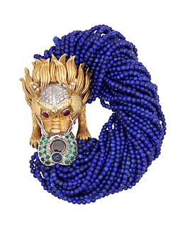 Chinoiserie Lapis Bracelet In 18Kt Gold With 2.17 Ctw Diamonds Emerald & Ruby