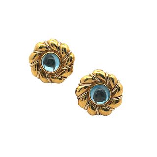 Mid-Century 18k Gold Flower Earrings with Blue Topaz