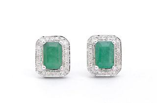 1.37 CTS Certified Diamonds & Emerald 14K WG Earrings