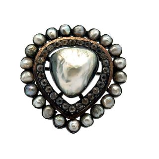Antique Silver & 14k Gold Brooch with Natural Pearls