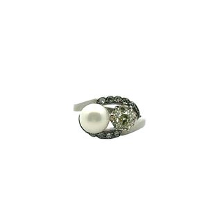 1.10 Ctw in Diamonds Art deco Hallmarked 18k Gold Ring with Pearl