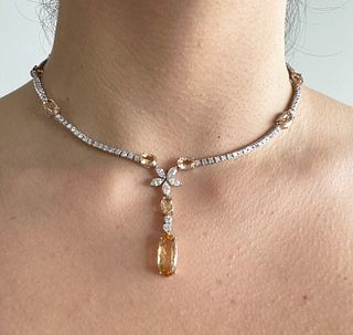 37.75 Ctw In Imperial Topaz and Diamonds 18k Gold Necklace