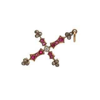 Victorian14k Gold Cross Pendant with Diamonds & Rubies